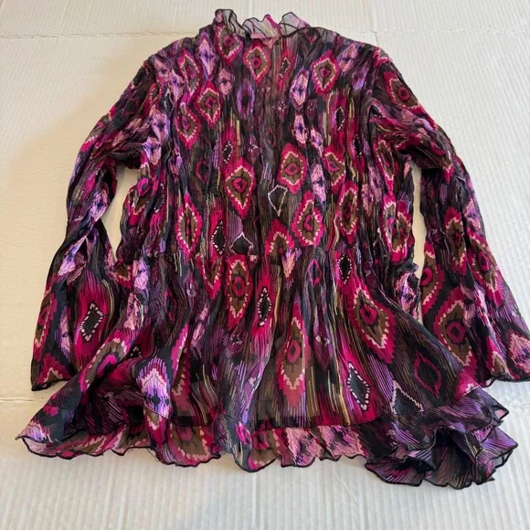 Y2k Fairycore Women's M Bohemian Print Sheer Ruffle Tie Long Sleeve Blouse Top‎ - Picture 7 of 9